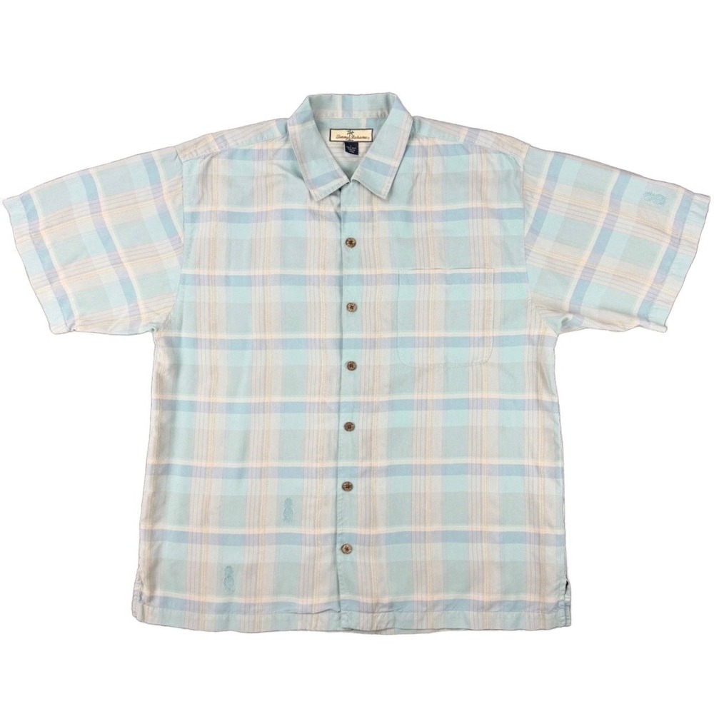 Tommy Bahama Mens L Silk Blue Pineapple Print Plaid Short Sleeve Button Up Shirt